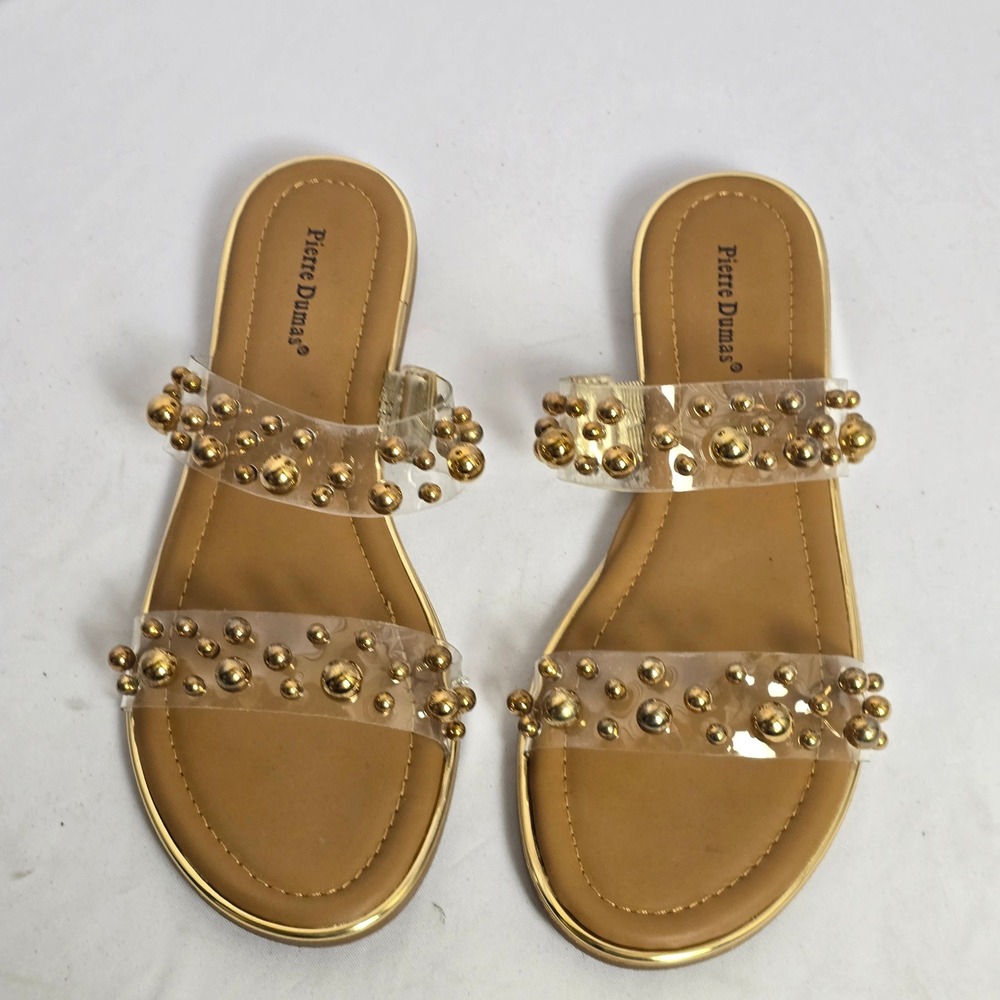 Pierre Dumas Sense-2 Gold Studded Clear Strap Slide Sandals Womens‎ 9